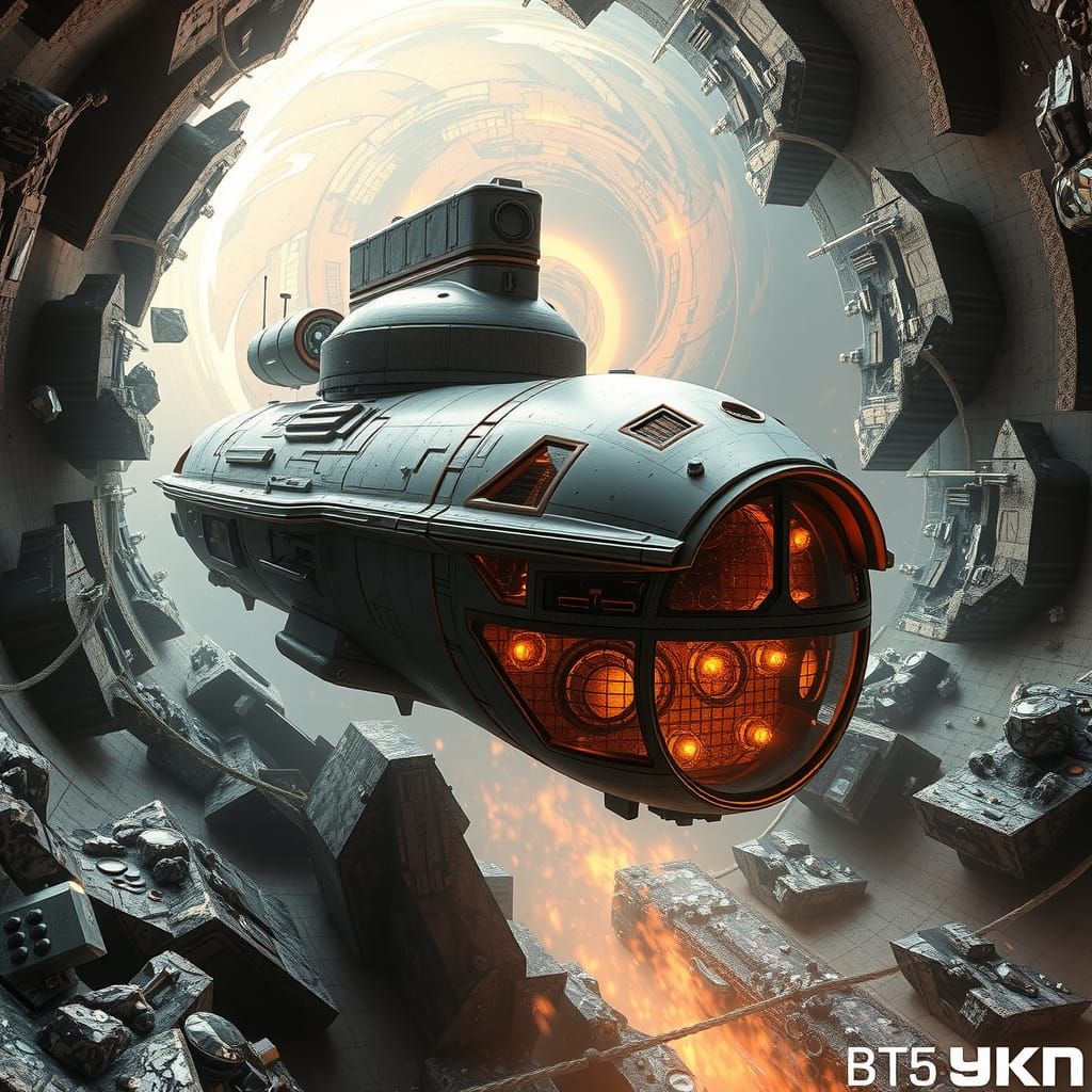 Greeble Spaceship in Hypercube Tunnel, Sepia-Toned