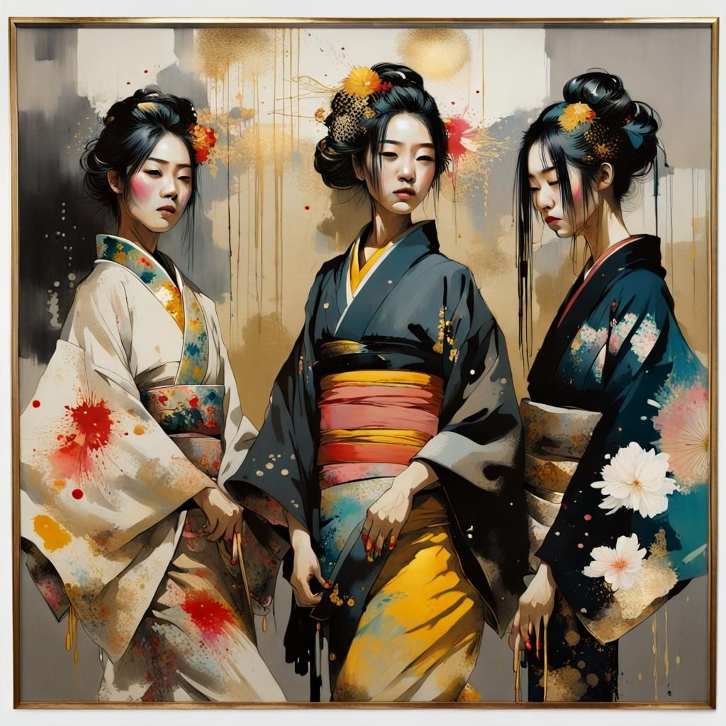 Japanese Women in Kimonos: Hyperdetailed Mixed Media Art