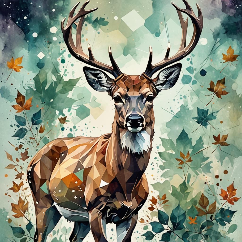 Geometric Deer in Galaxy Watercolor Digital Painting