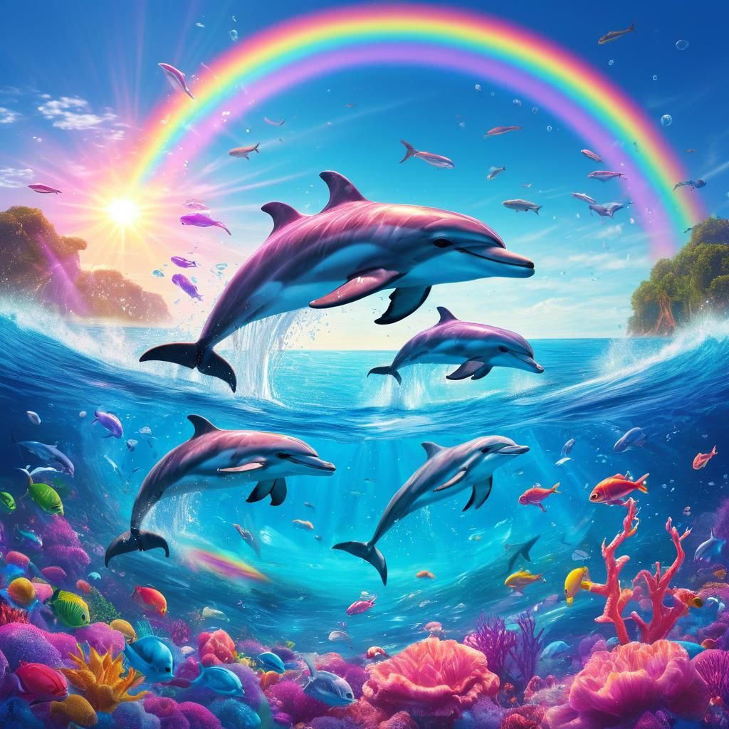 Dolphins Leaping in a Fantastical Pink Sea