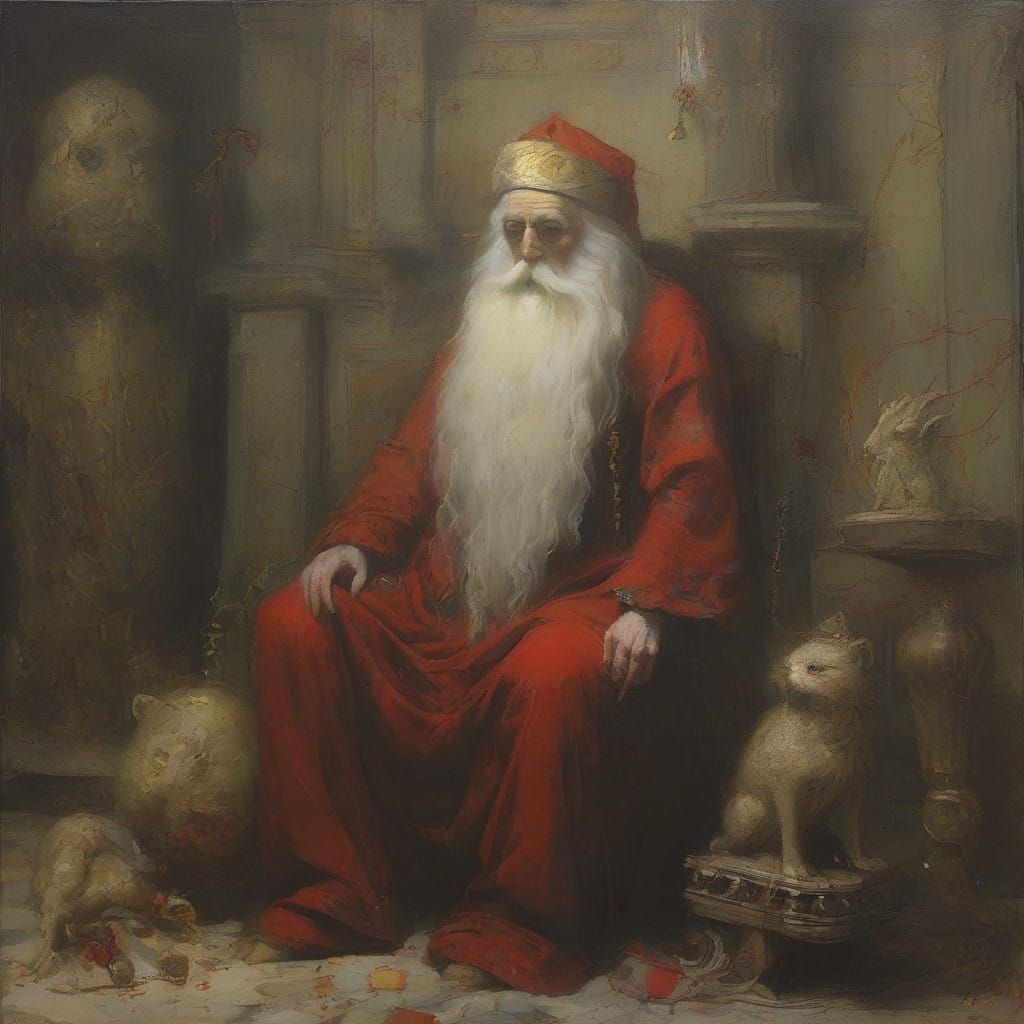 Regal Santa Claus in Crimson Attire with Macabre Sack