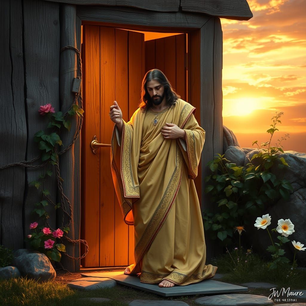 Gentle Jesus at the Door of a Weathered Wooden Entrance in a...