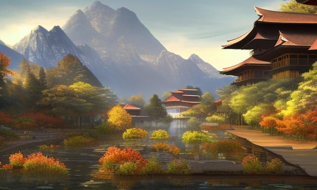 Japanese Village at Sunset: A Matte Painting