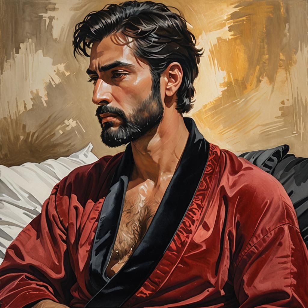 Serene Iranian Man in Velvet Robe: Impressionist Gouache