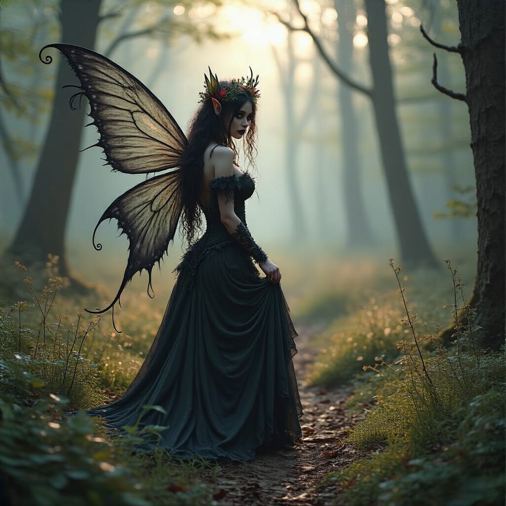 Gothic Fairy in Woodland Clearing at Dawn