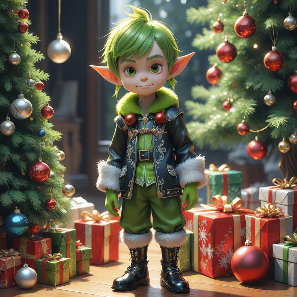 Mischievous Christmas Elf in Vibrant, High-Contrast Holiday...