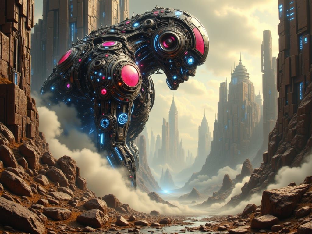 Cyberpunk Sci-Fi Background with Gears and Neon Circuits