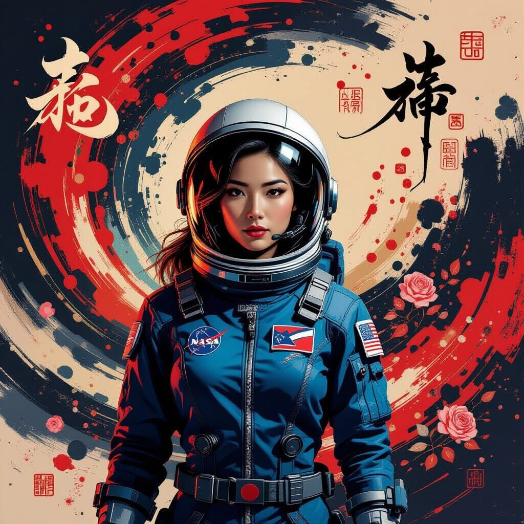 Neo-Traditional Female Astronaut in Abstract Digital Art