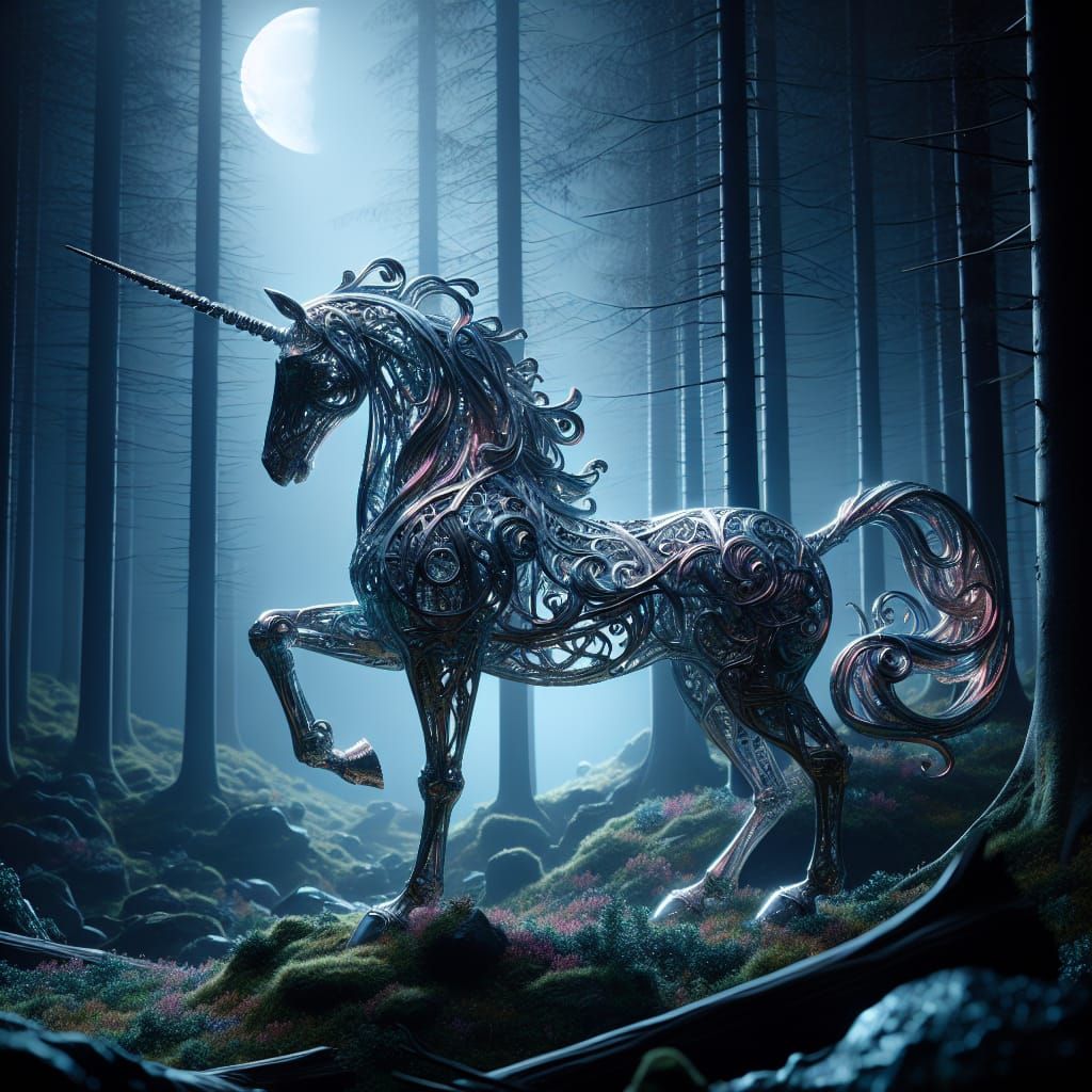 Shimmering Metal Unicorn in Moonlit Forest