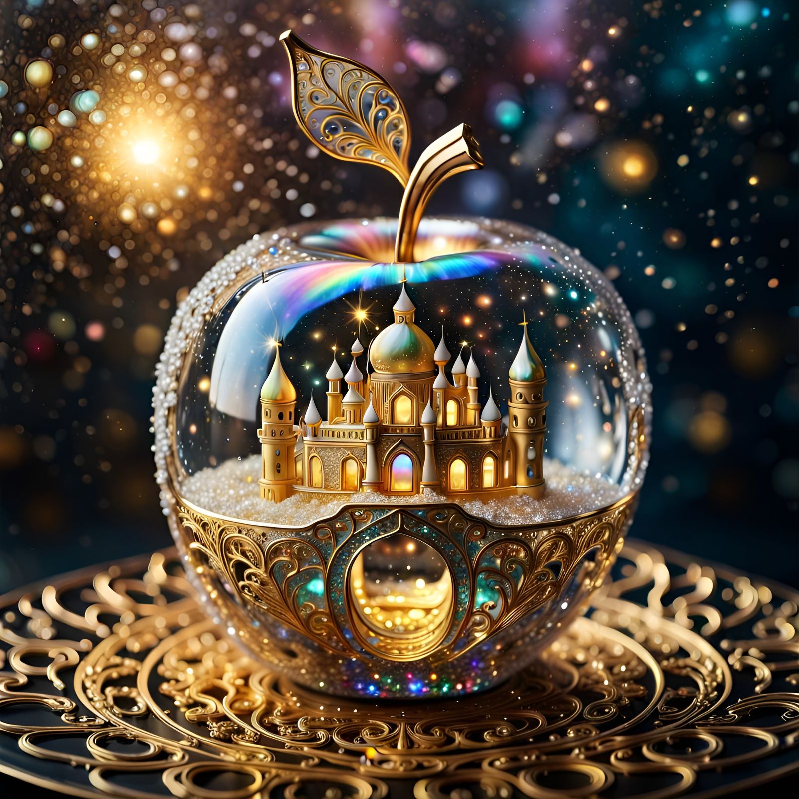Magical Palace inside a Gold Crystal Glass Apple