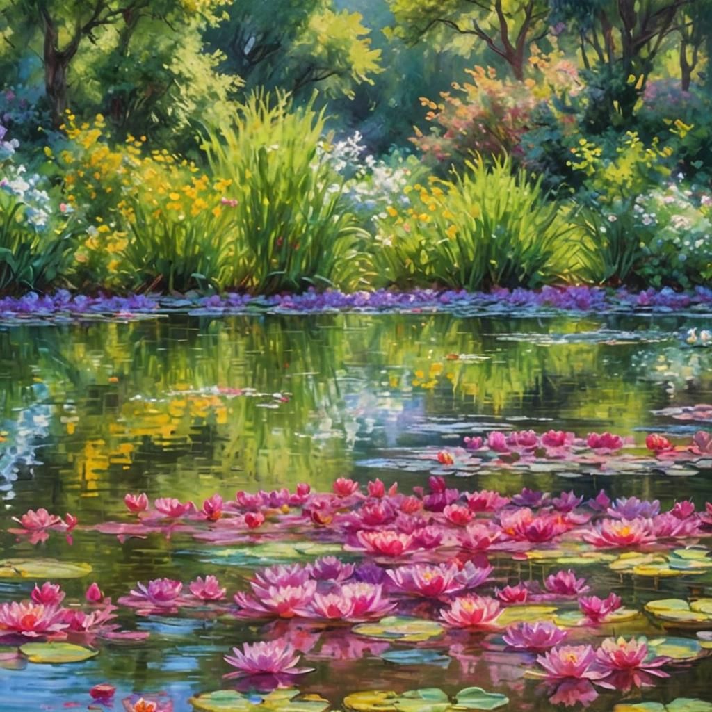Impressionist Pond Scene with Water Lilies
