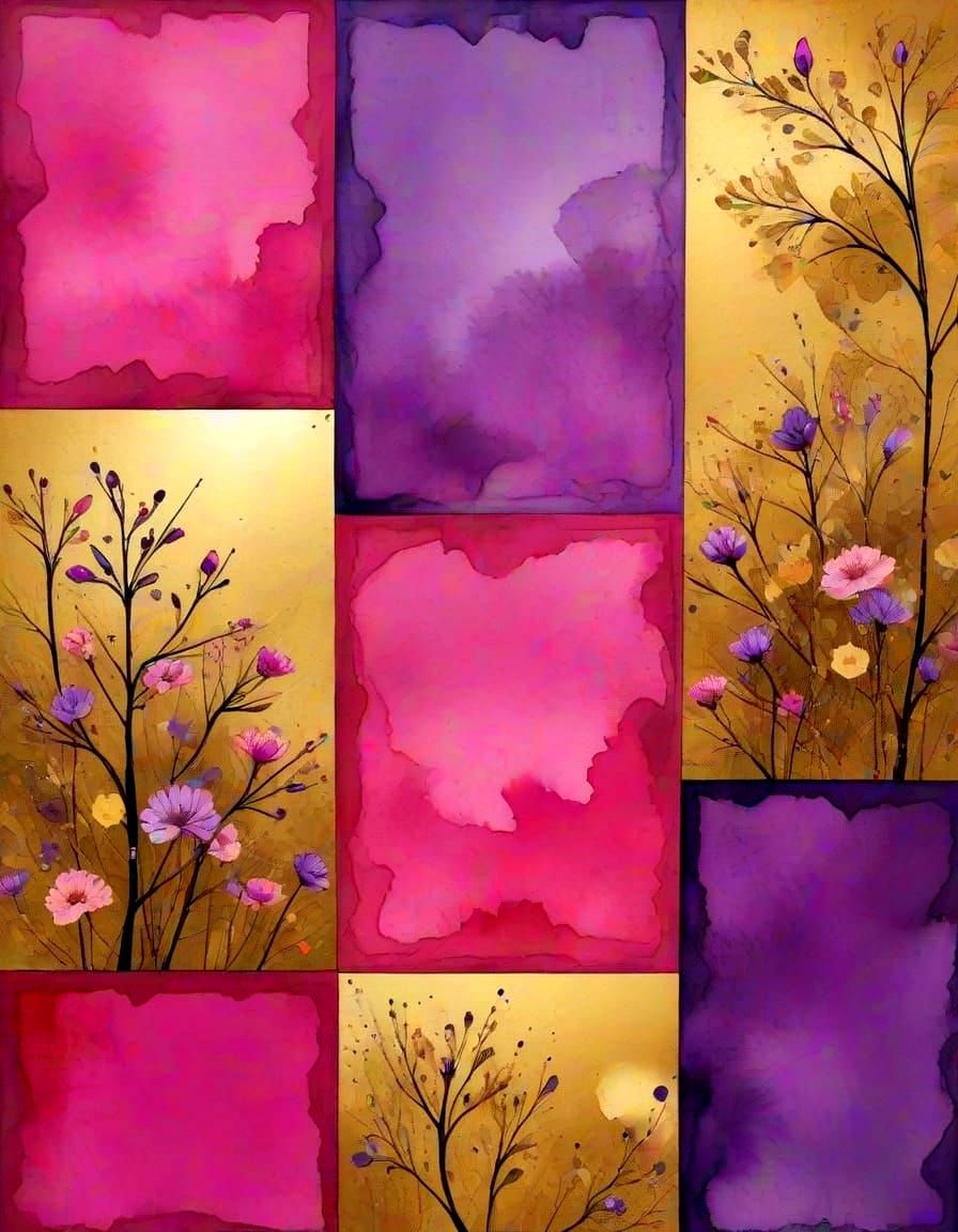 Vibrant Art Deco Landscape in Electric Gold, Pink, and Purpl...