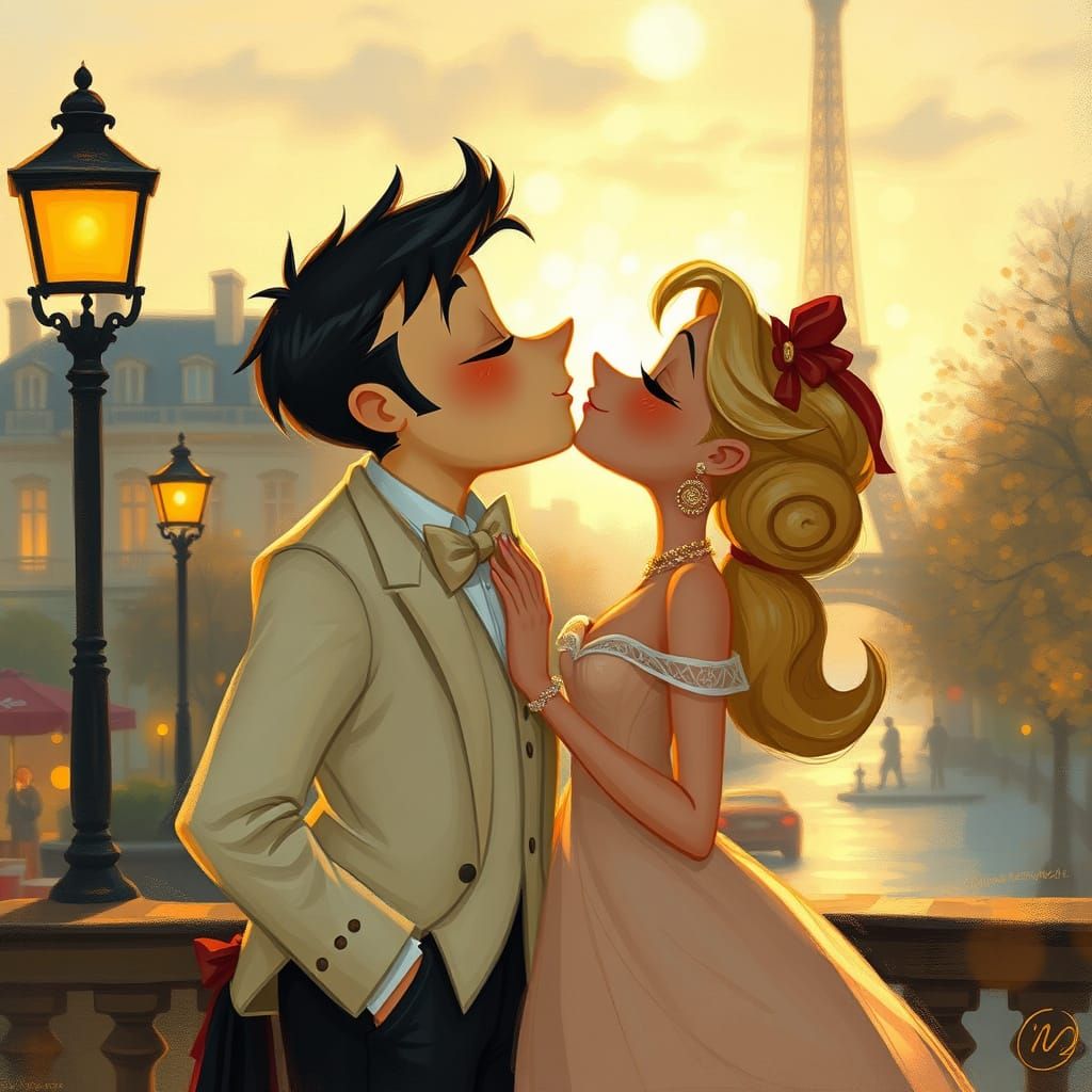 Romantic Kiss in Paris: An Impressionist Scene