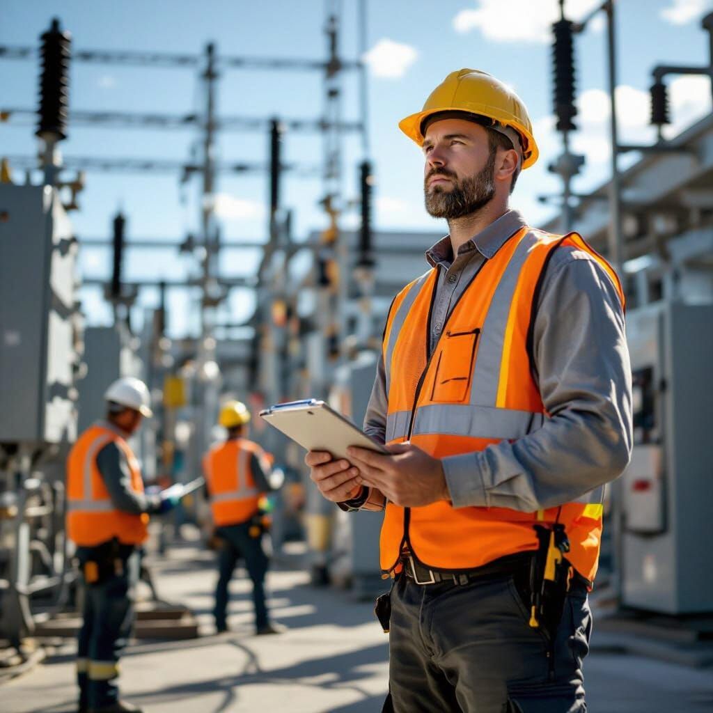 Electrician Manager Oversees Substation on Sunny Day