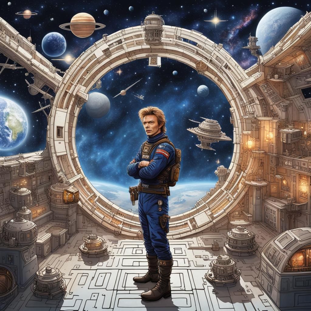 Space station surrounded by stars. David Bowie as he appeared in "Labyrinth". Cute ghosts. Harley-Davidson. Aidan Turner...
