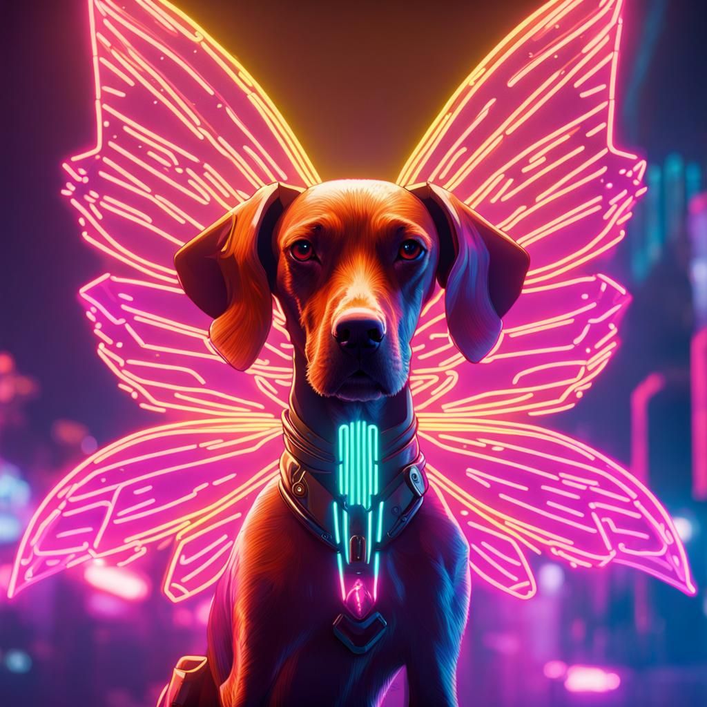 Vizsla Fairy with Wings in Cyberpunk Style