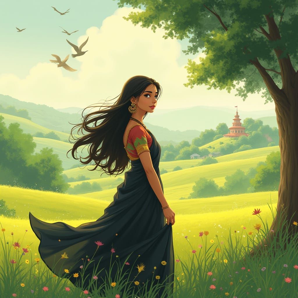 Ghibli-Inspired Indian Girl in Black Saree