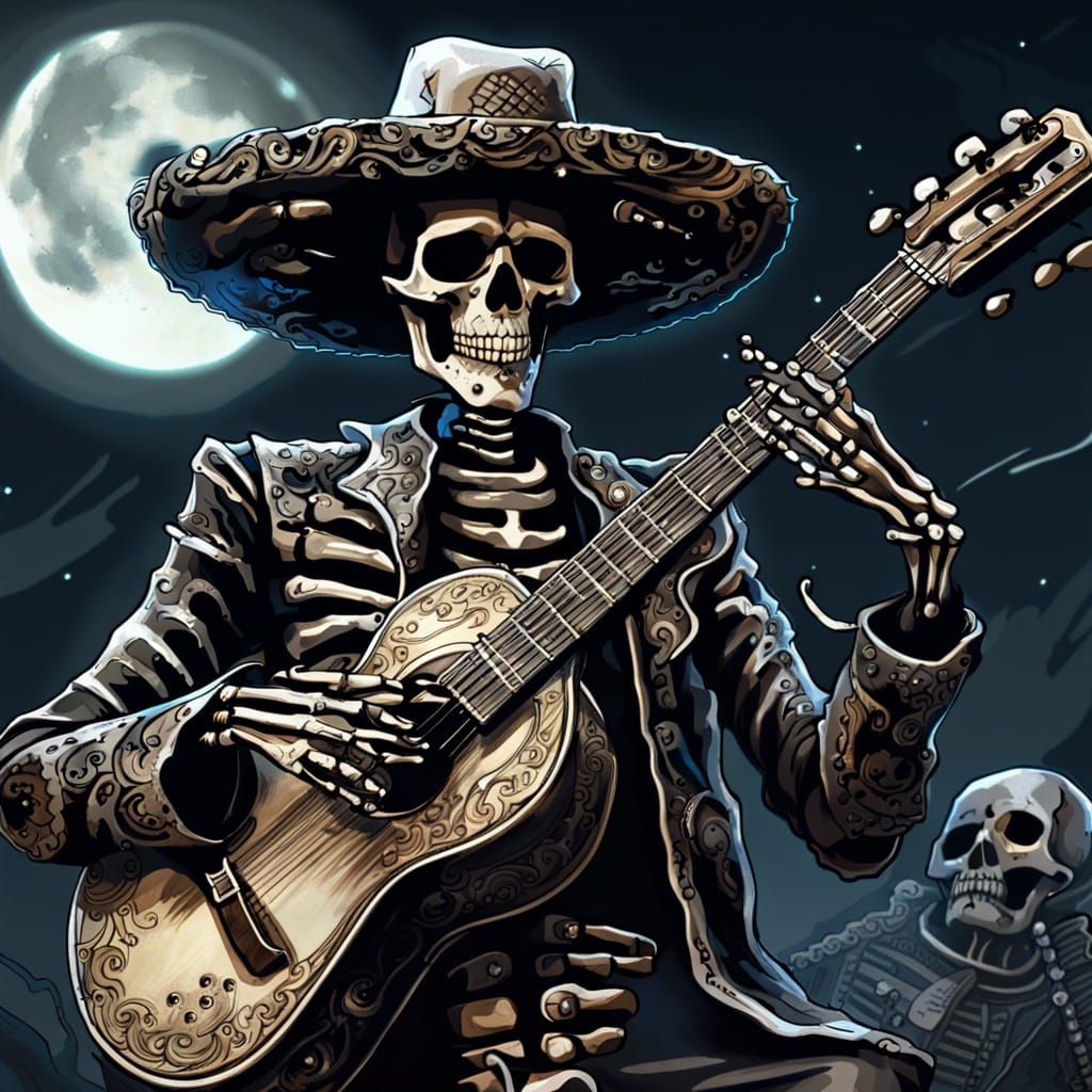 Mariachi Skeleton Musician on Stage in Cemetery