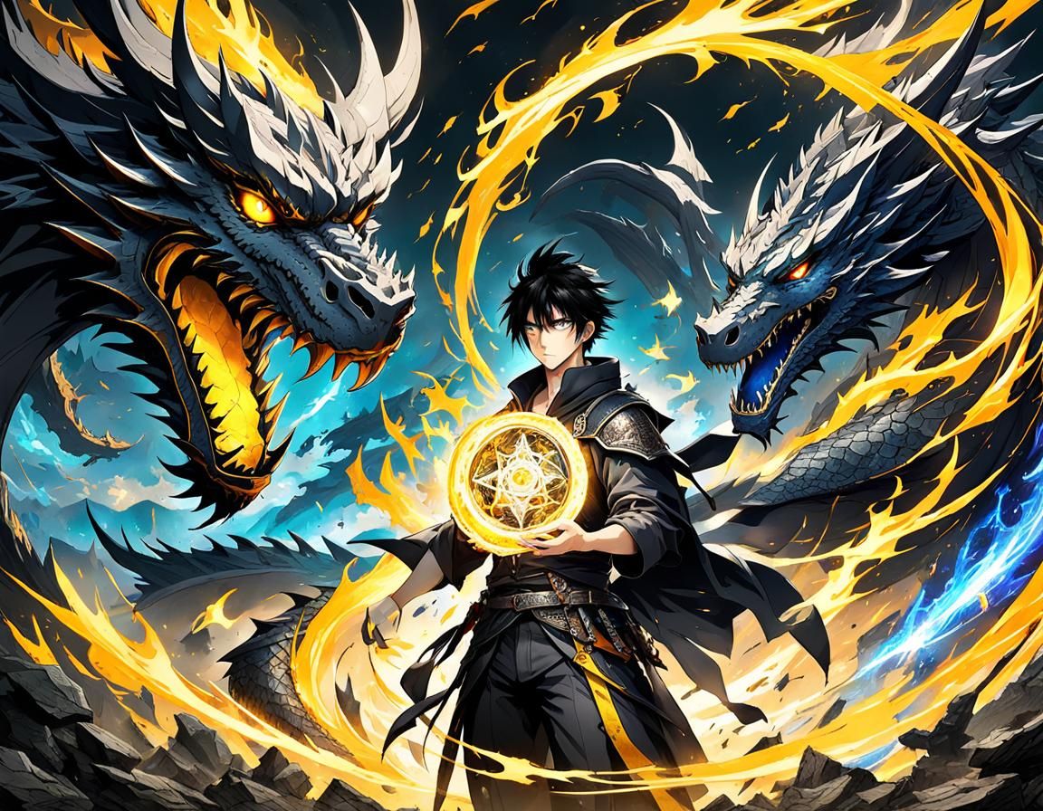 Anime, Animancer, black hair, mezmerizing yellow eyes, boy, black detailed clothing using magic, a magical portal and dr...