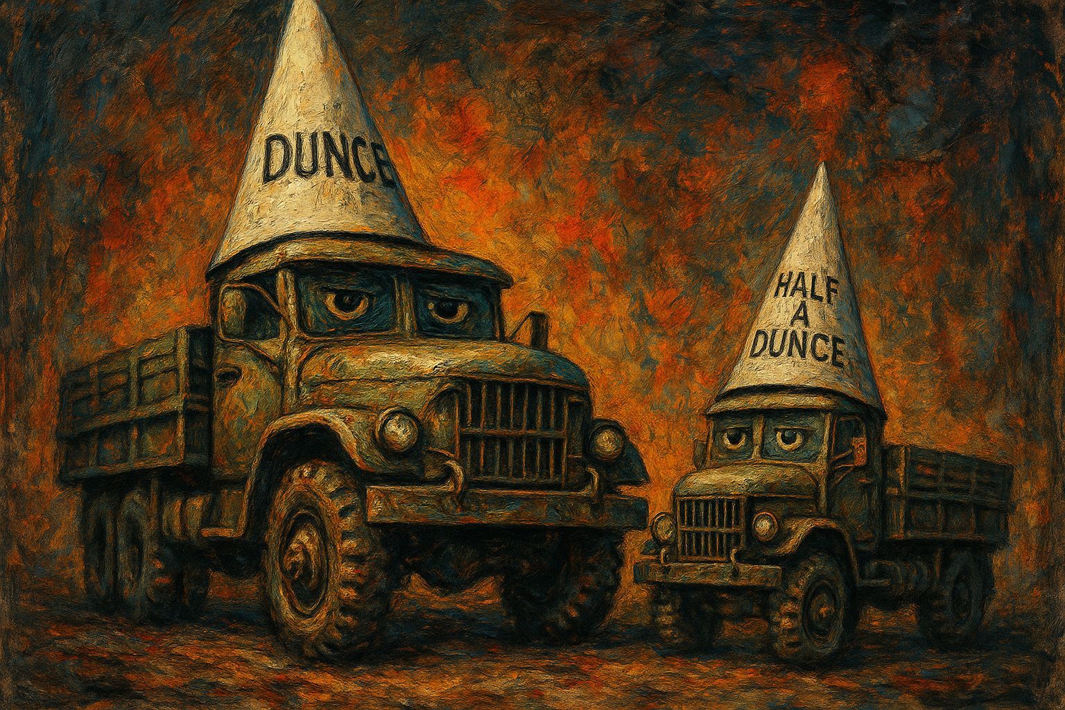 Surreal Anthropomorphic Trucks in Mixed Media Art