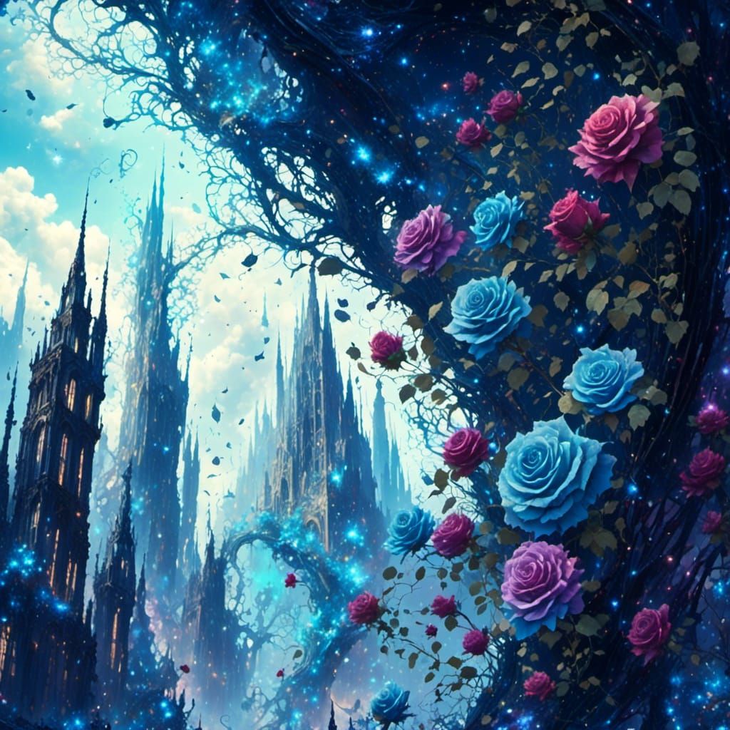 Black and Blue Rose Vines Over City, Watercolour Style