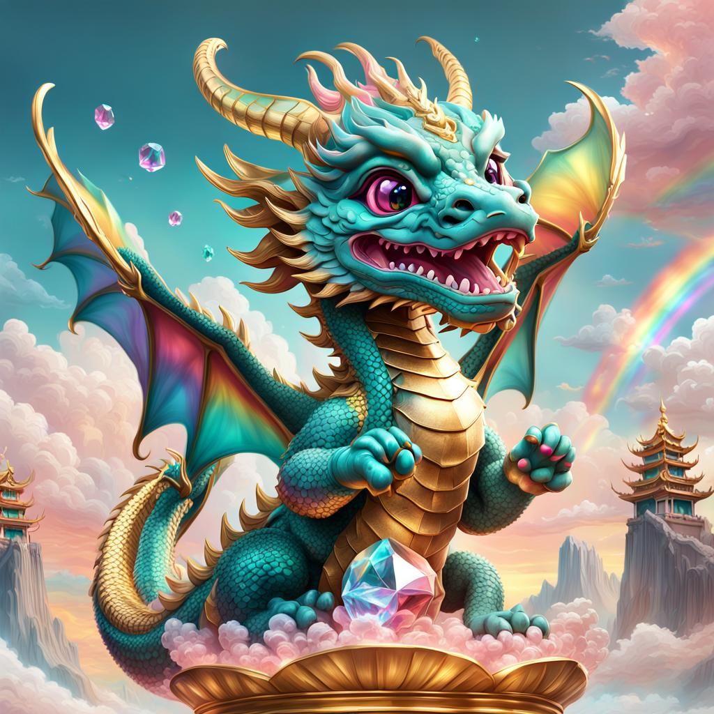 Cute Baby Dragon Flying in a Colorful Sky