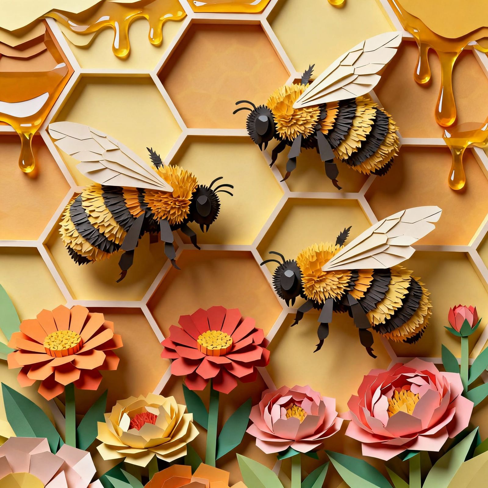 Fat Bumblebees Drip Honey in Paper Cutout Style