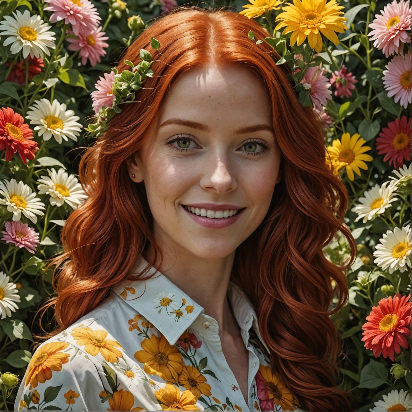 Gorgeous Redhead Surrounded by Flowers in Digital Art