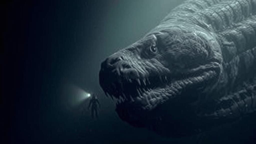 Drowning Woman Pursued by Sea Serpent in Dark Abyss