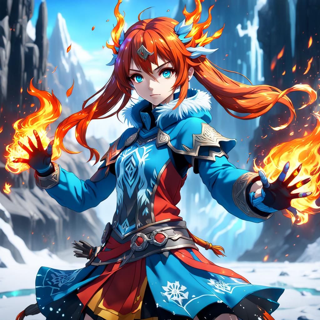 Anime Fire and Ice Girl in Detailed Digital Painting