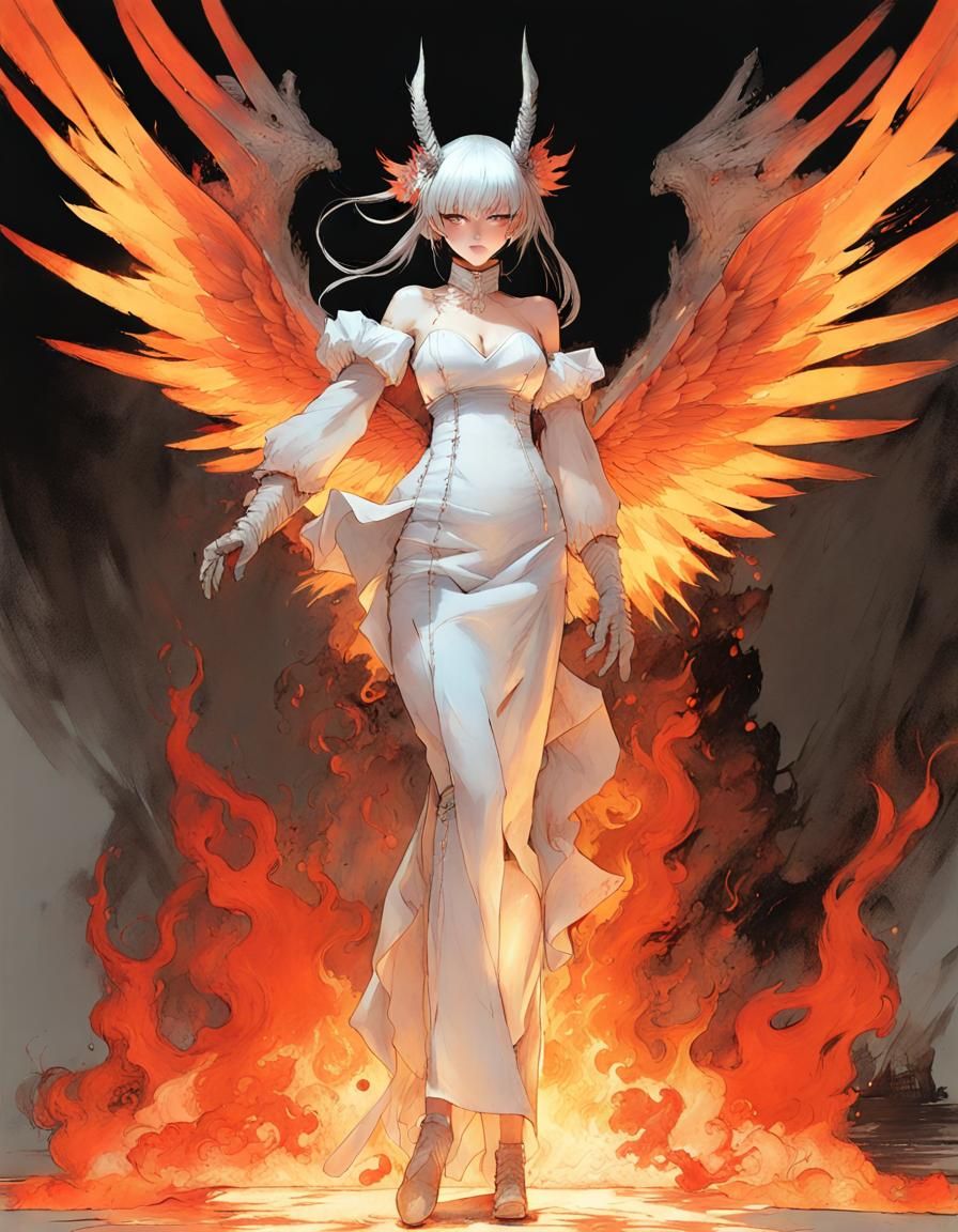 Demonic Fire Maid with Burning Angel Wings