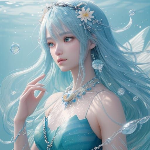 Anime Water Goddess Creates Life with Ethereal Blue Hair and...