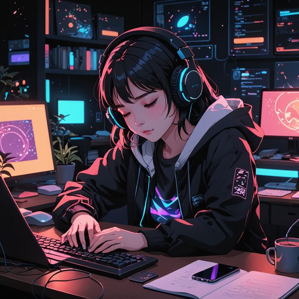 Neon Lofi Art Anime Illustration of Sleeping Girl