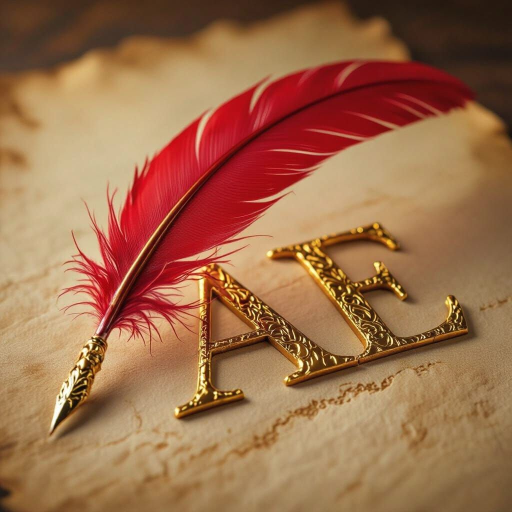 Red Quill & Golden AE Letters on Parchment