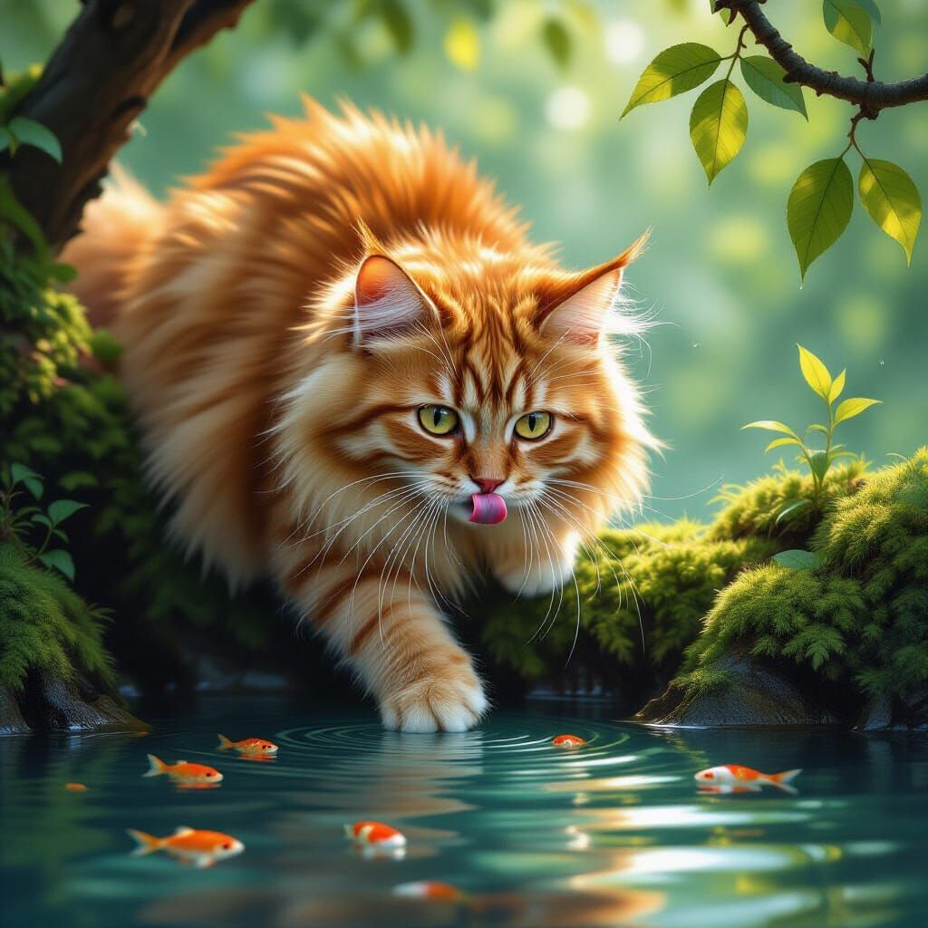 Ginger Cat Reaches for Shimmering Fish in Digital Painting