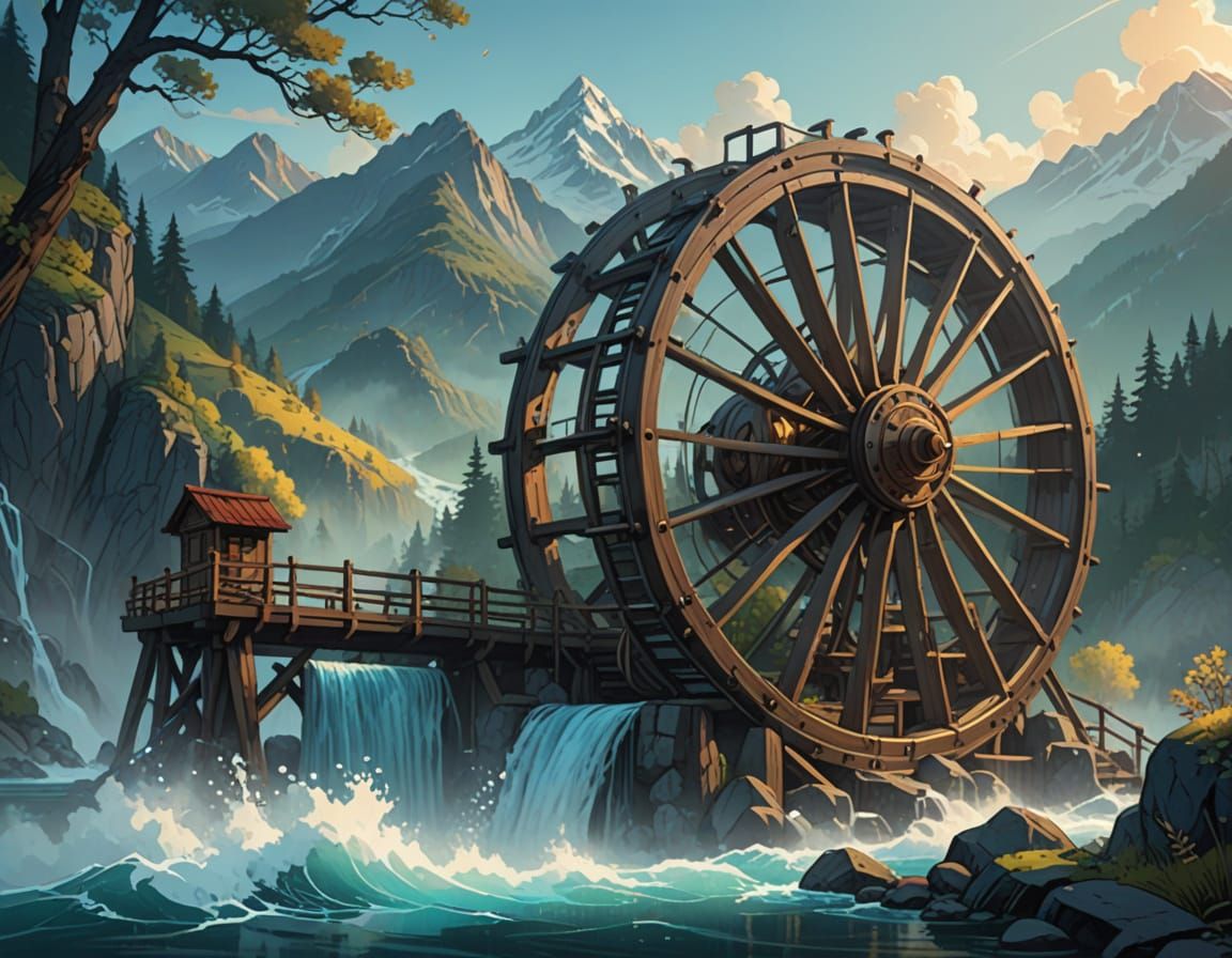 Stunning Comic Book Art of Spinning Waterwheels in Misty Mou...