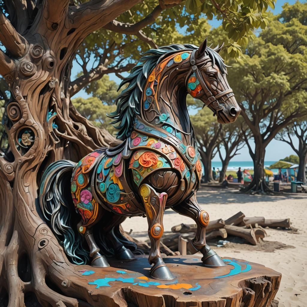 Whimsical Horse Sculpture in Elven Armor, Graffiti Art