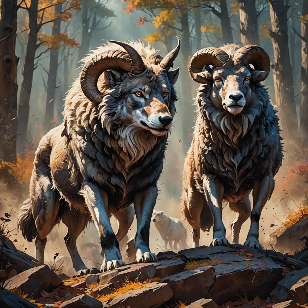 Hyperrealistic Wolf, Ram, and Hart Splash Art