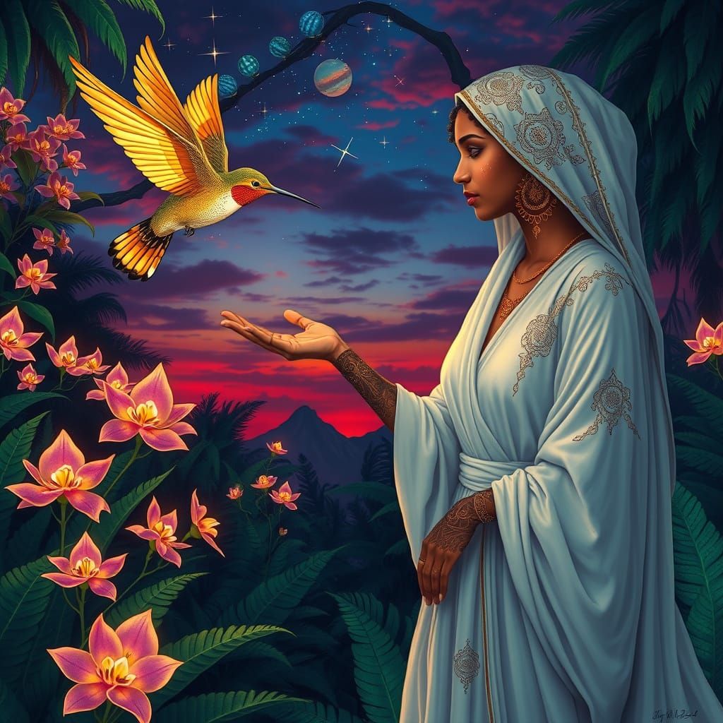Bioluminescent Jungle Woman with Golden Hummingbird