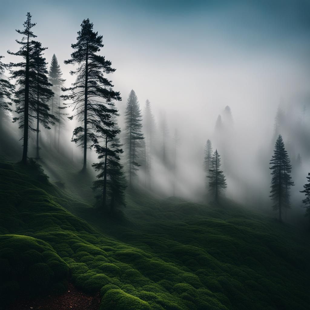 Misty Forest Landscape with Dense Fog