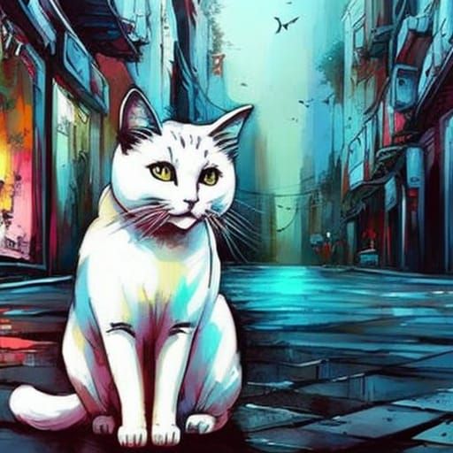 Charming White Cat in Naive Street Art Style