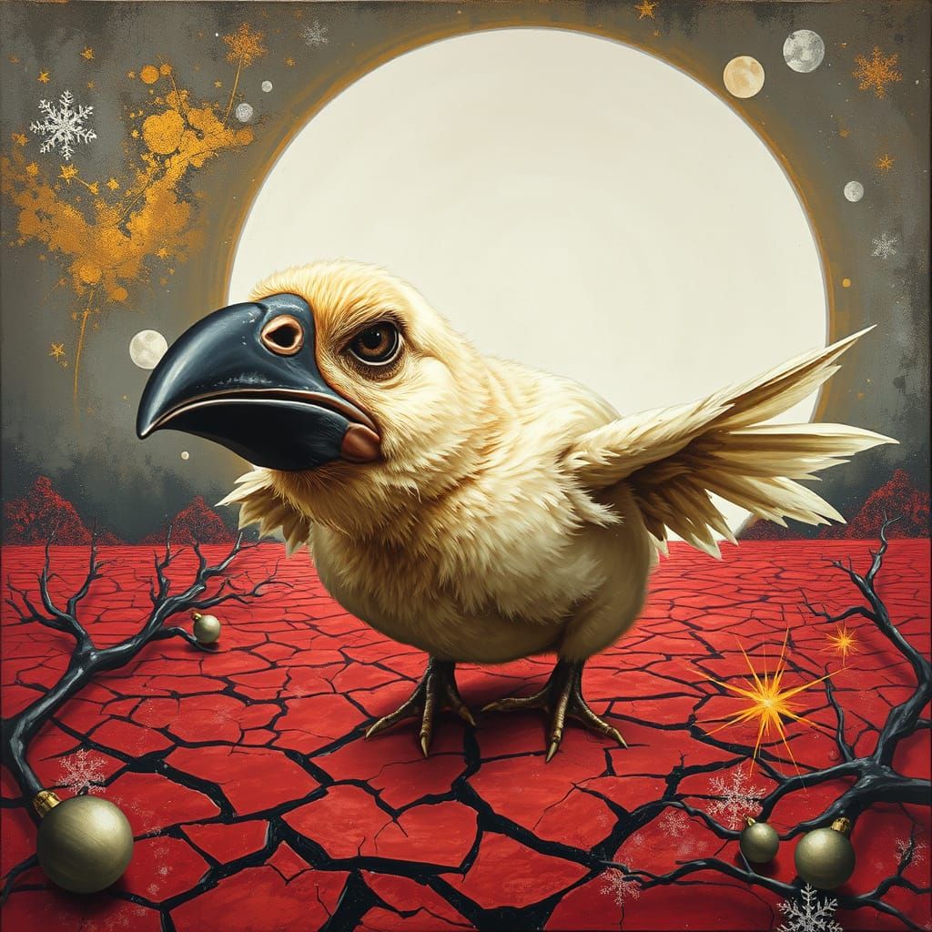 Grumpy Chick Diving on Crimson Planet, Impasto Painting