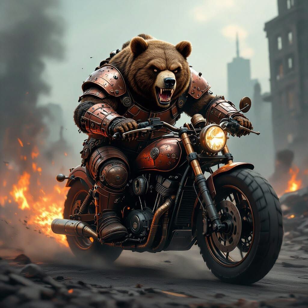 Angry Steampunk Bear Rides Motorcycle in Destroyed City
