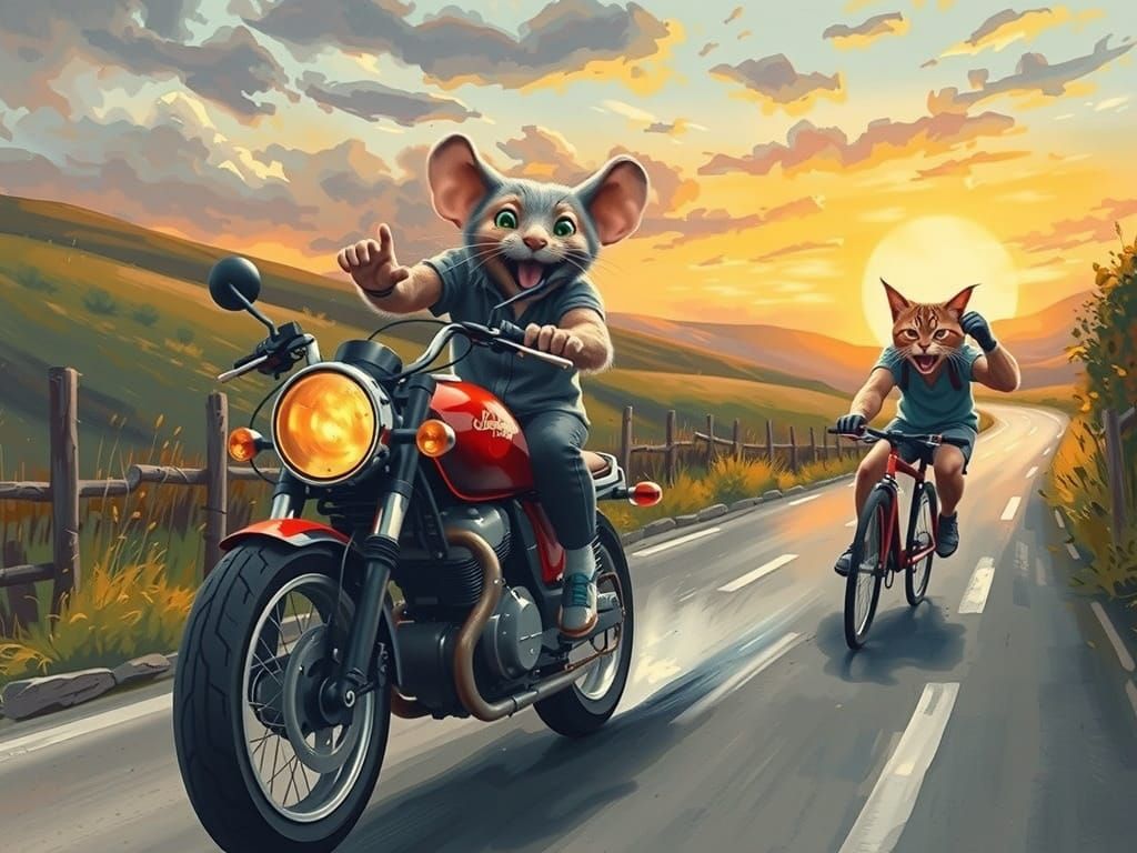 Joyful Mouse on Motorcycle Overtakes Angry Cat on Bicycle