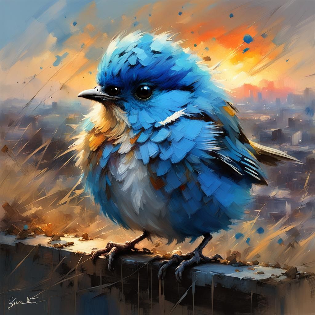 Fluffy Blue Bird at Sunset: Fine Art Painting