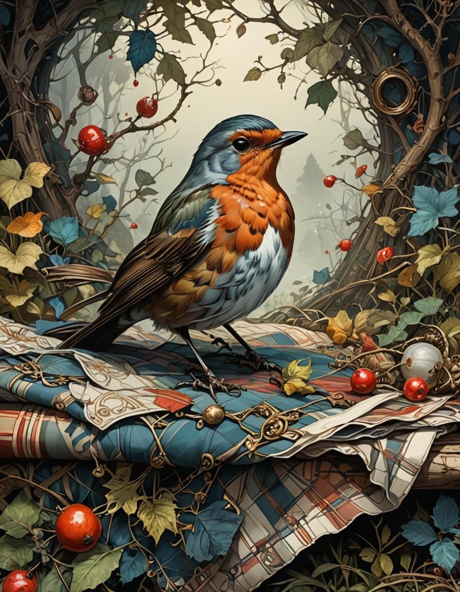 Robin on Plaid: Intricate Ink Fantasy Illustration