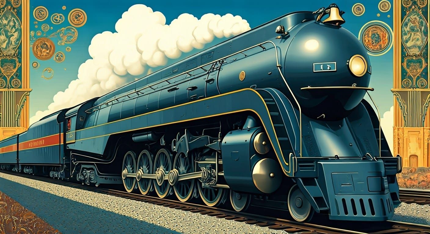 Surrealist Art Deco Train Poster in Geometric Style