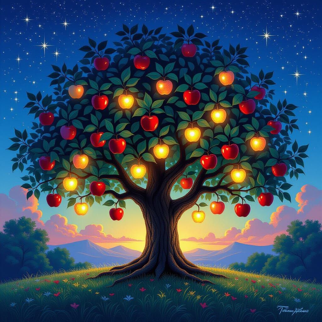 Enchanted Apple Tree Under Starlit Sky
