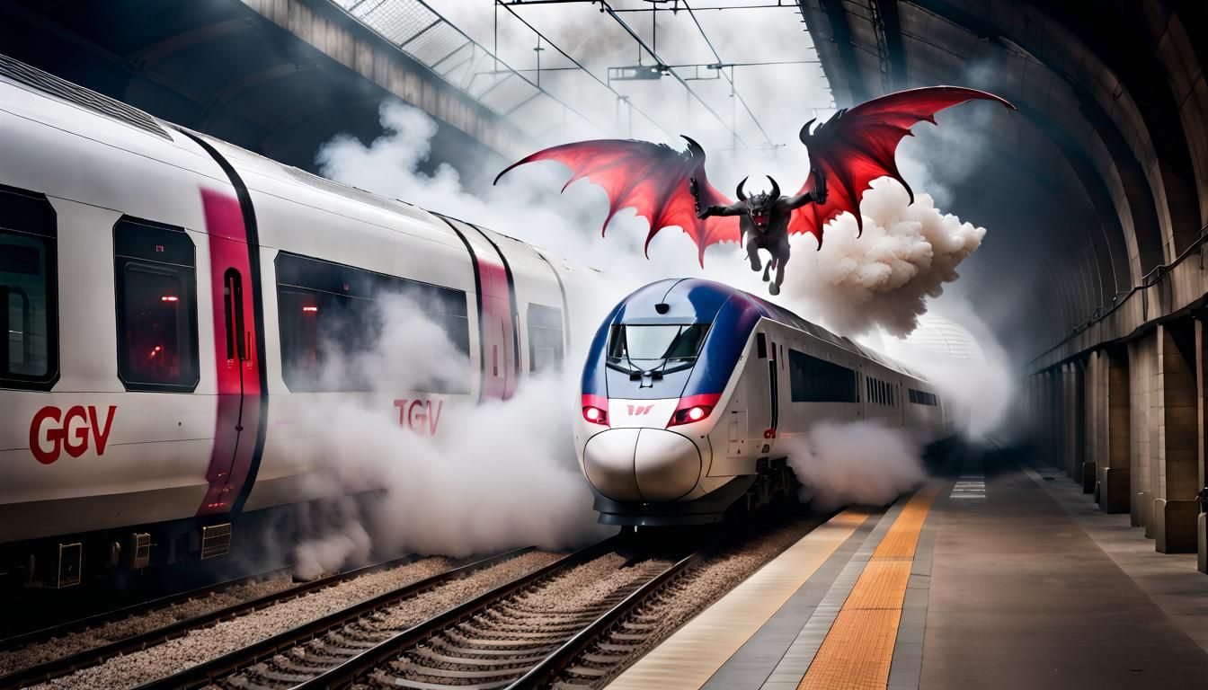 Surreal Train Chased by Winged Demon
