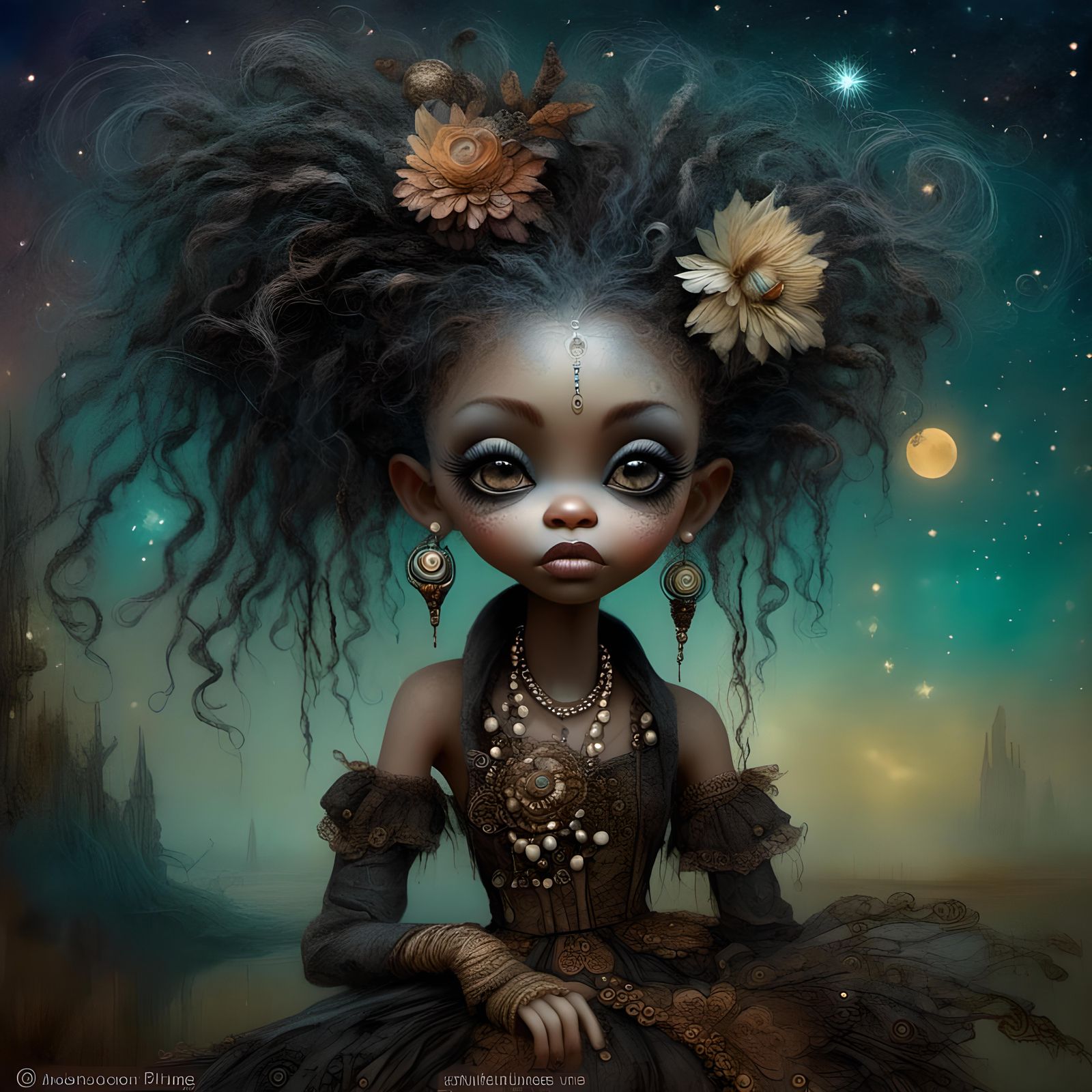 Goth Punk Porcelain Doll on Starry Night